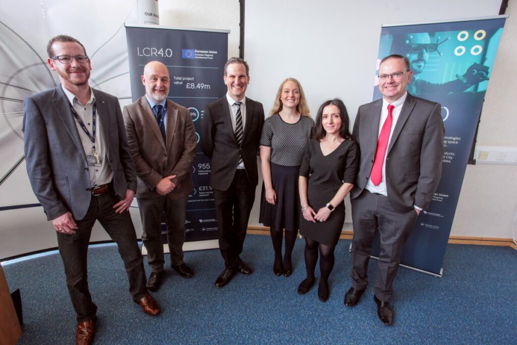 LCR 4.0 partners at the LCR 4.0 Technology Showcase 6 June 2019. (From left to right: Liverpool John Moores University, University of Liverpool Virtual Engineering Centre, STFC Hartree Centre, Sensor City UK and Liverpool LEP.)