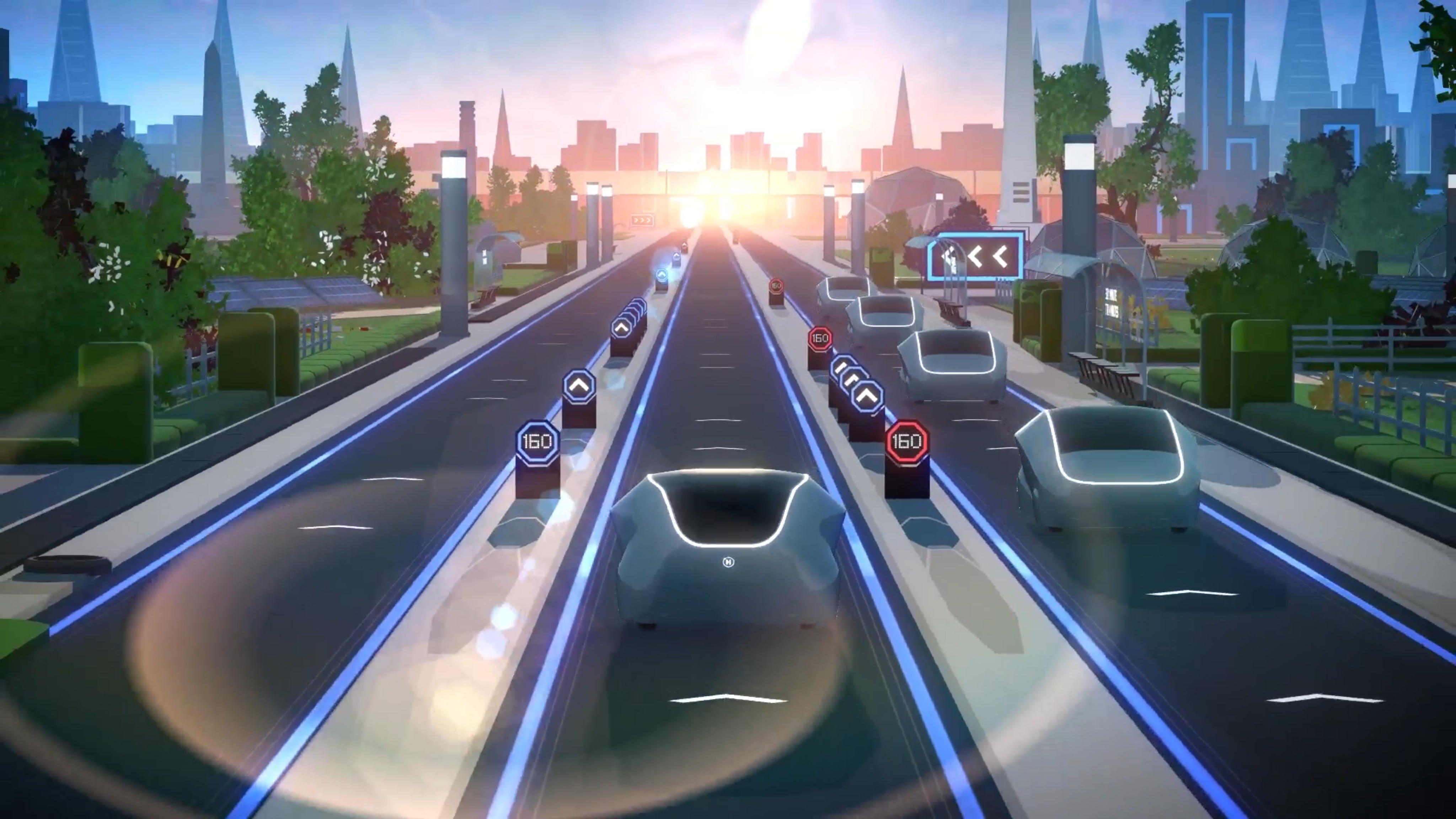 Computer generated rendering of driverless vehicles on a virtual road network.