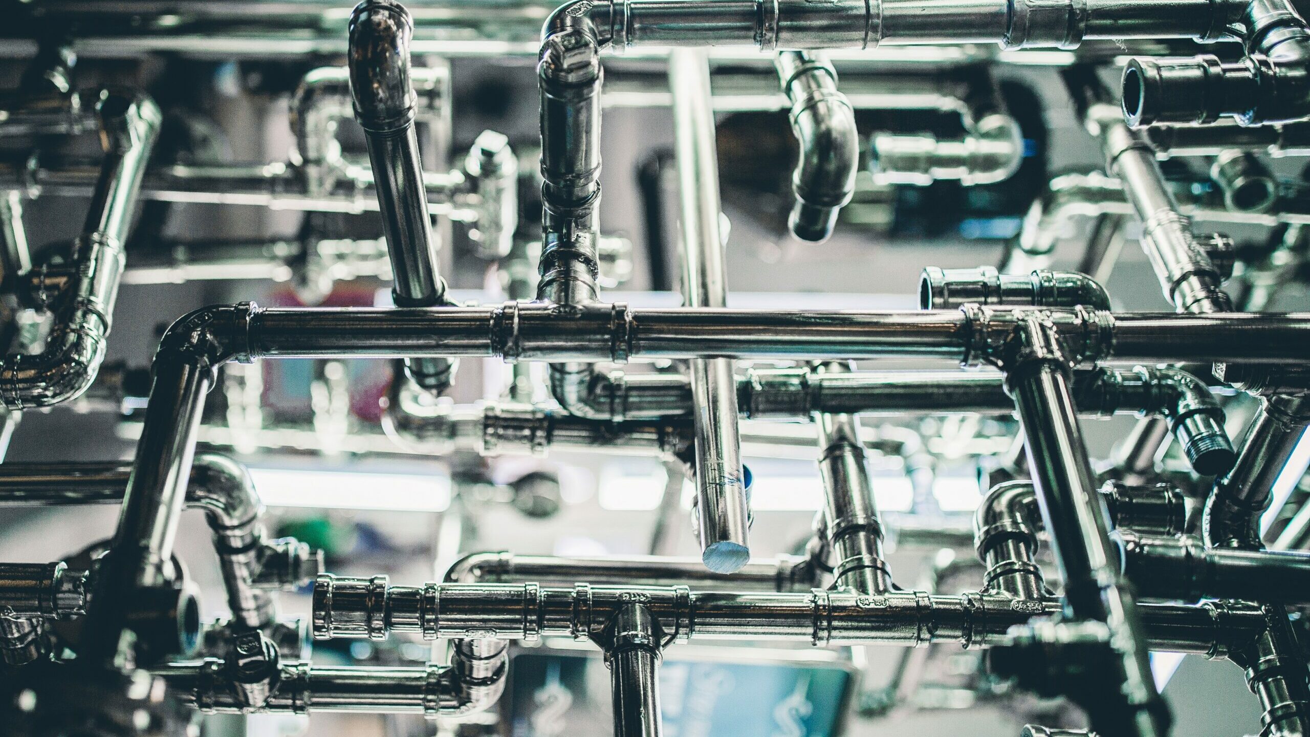 A complex network of chrome pipework.