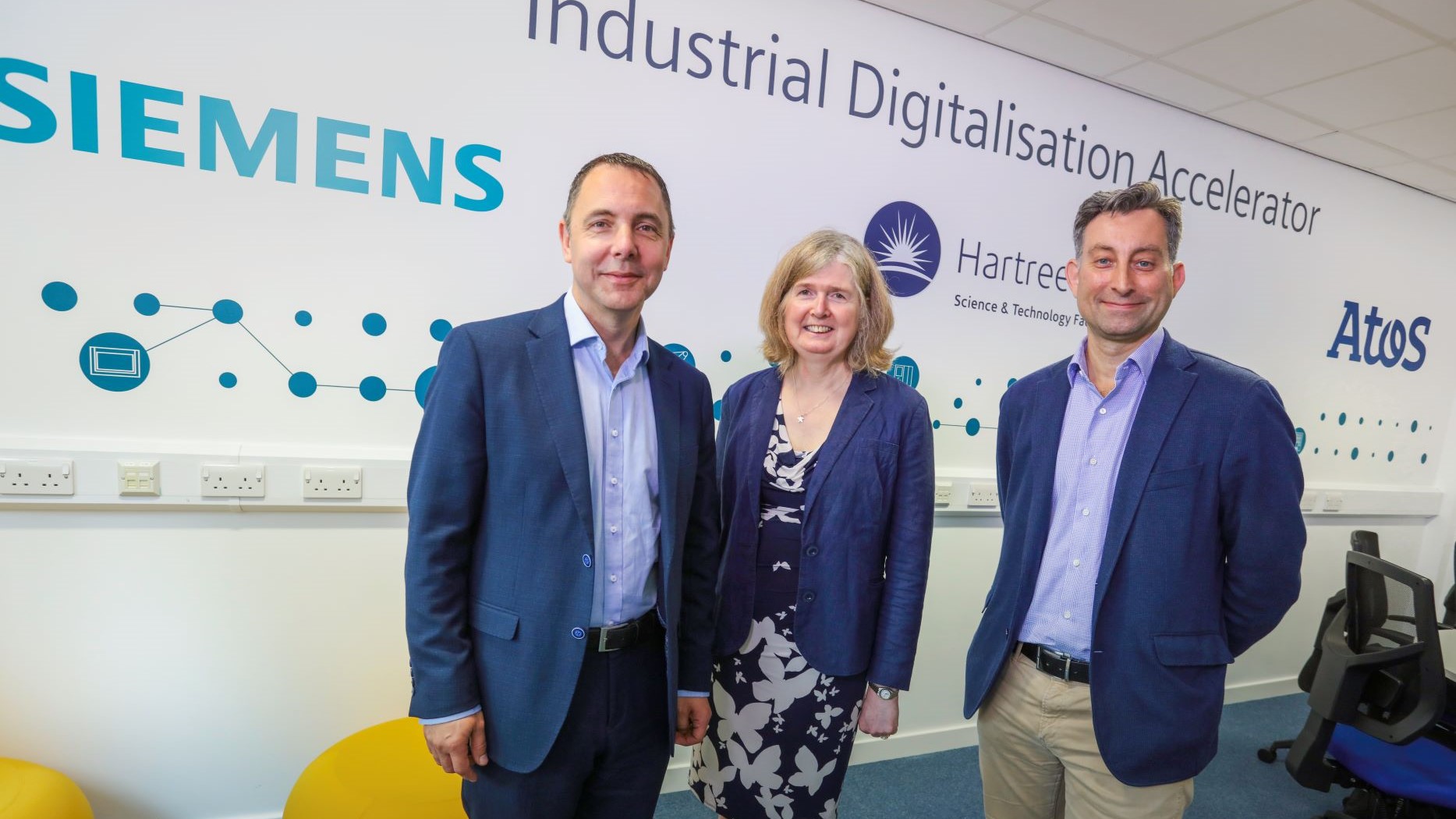 ​​​Brian Holliday (Siemens), Alison Kennedy (Hartree Centre) and Adrian Gregory (Atos) at the launch event for the new Industrial Digitalisation Accelerator