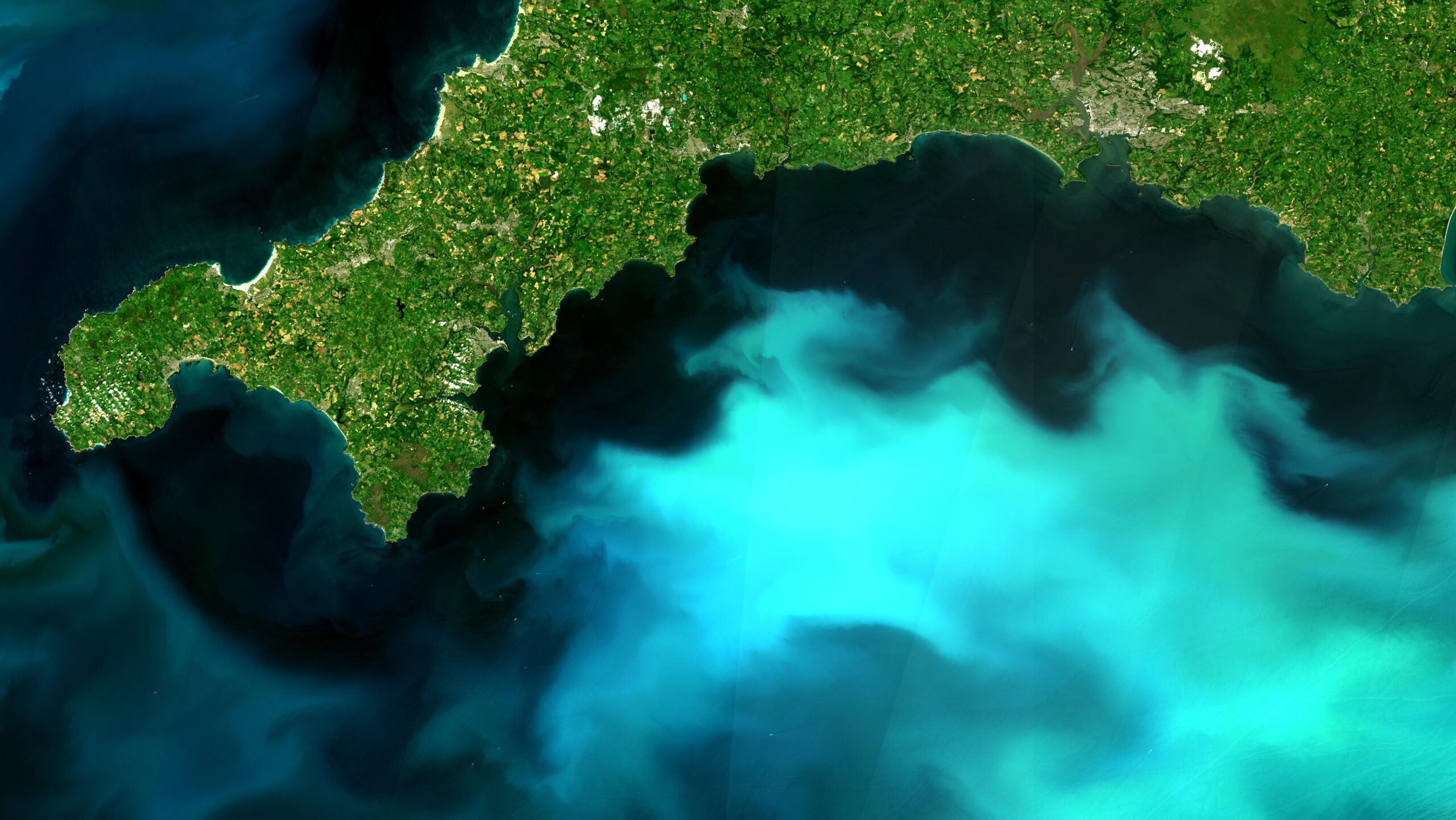 Satellite view of the ocean around Plymouth with chlorophyll estimation